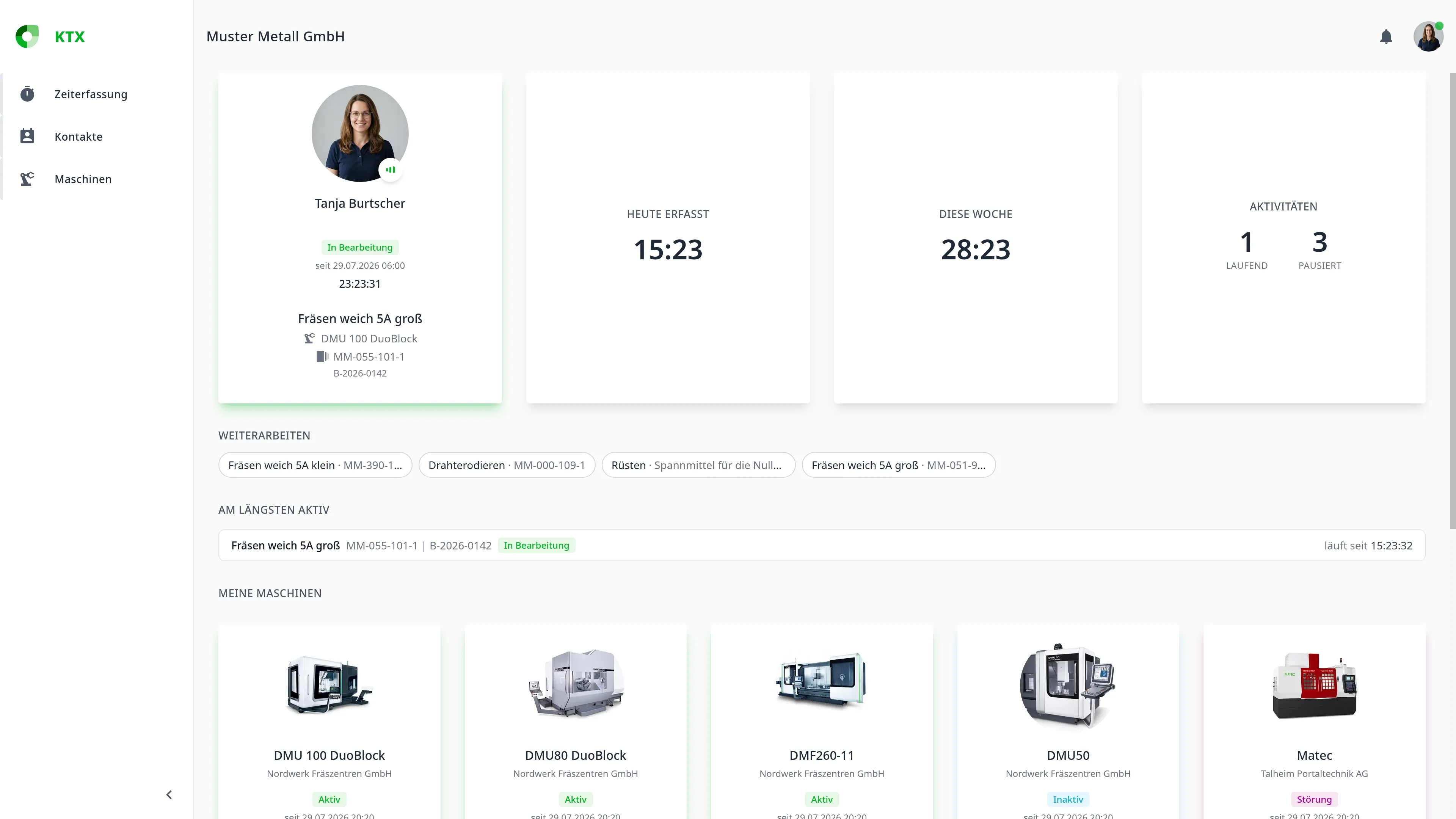 KTX Dashboard eines Maschinenbedieners mit erfassten Zeiten und Maschinenübersicht